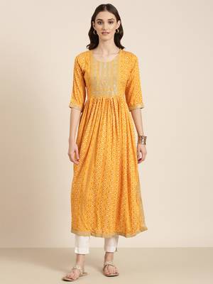 Showoff women's ankle length round neck mustard bandhani anarkali kurta 1