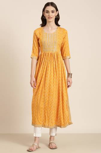 Showoff women's ankle length round neck mustard bandhani anarkali kurta
