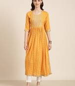 Showoff women's ankle length round neck mustard bandhani anarkali kurta
