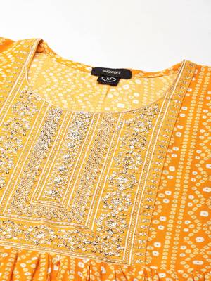 Showoff women's ankle length round neck mustard bandhani anarkali kurta 3