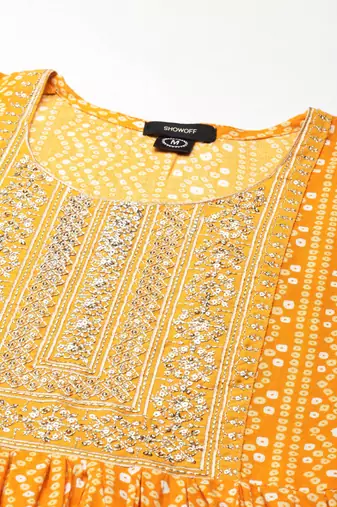 Showoff women's ankle length round neck mustard bandhani anarkali kurta