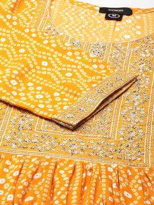 Showoff women's ankle length round neck mustard bandhani anarkali kurta 4