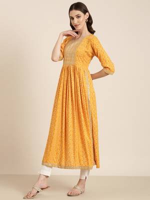 Showoff women's ankle length round neck mustard bandhani anarkali kurta 5