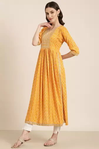 Showoff women's ankle length round neck mustard bandhani anarkali kurta