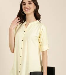 Showoff women's knee length mandarin collar cream solid straight kurta