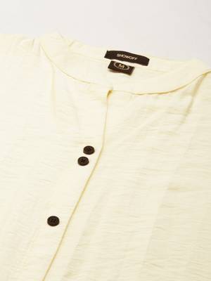 Showoff women's knee length mandarin collar cream solid straight kurta 3