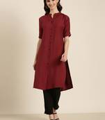 women's knee length mandarin collar maroon solid straight kurta
