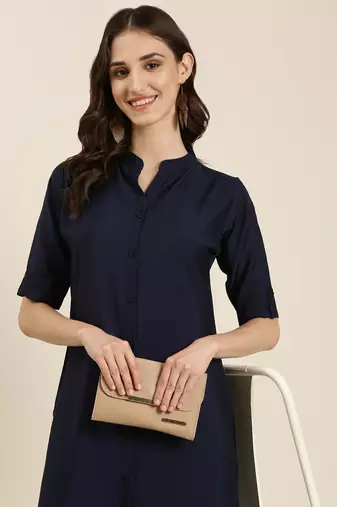 women's knee length mandarin collar navy blue solid straight kurta