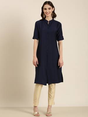 women's knee length mandarin collar navy blue solid straight kurta 1