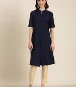 women's knee length mandarin collar navy blue solid straight kurta