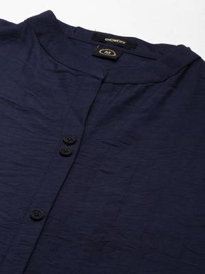 women's knee length mandarin collar navy blue solid straight kurta 3