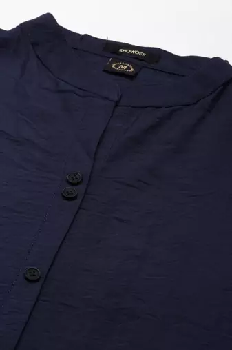 women's knee length mandarin collar navy blue solid straight kurta