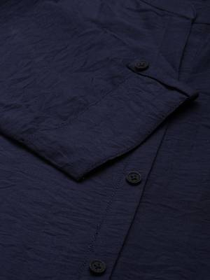 women's knee length mandarin collar navy blue solid straight kurta 4