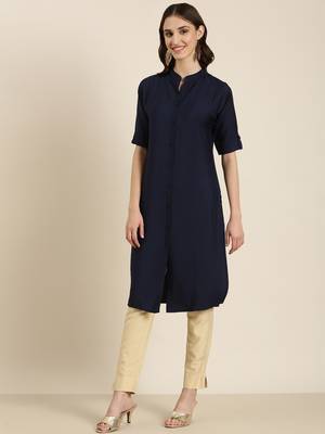 women's knee length mandarin collar navy blue solid straight kurta 5