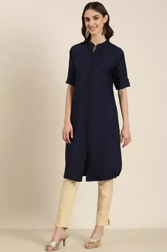 women's knee length mandarin collar navy blue solid straight kurta