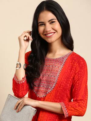 women's calf length round neck orange abstract straight kurta 2