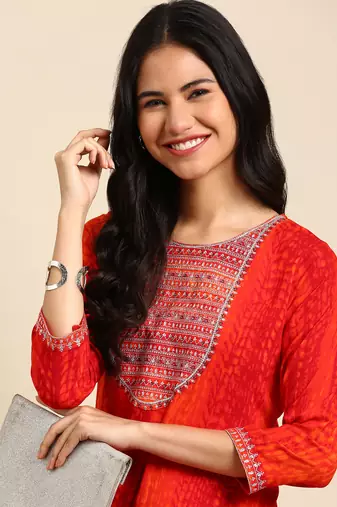 women's calf length round neck orange abstract straight kurta
