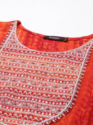 women's calf length round neck orange abstract straight kurta 3
