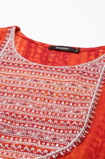 women's calf length round neck orange abstract straight kurta