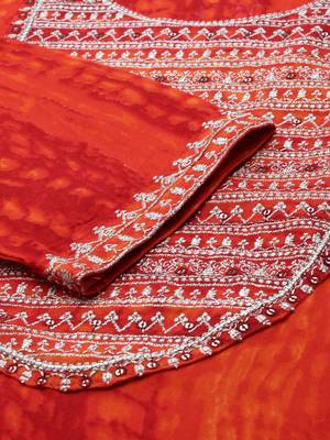 women's calf length round neck orange abstract straight kurta 4