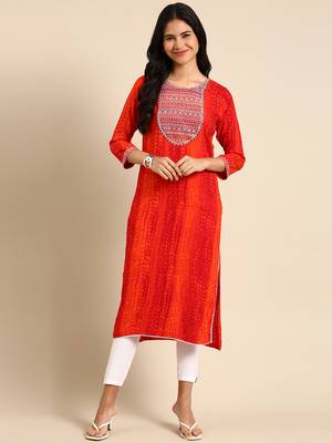 women's calf length round neck orange abstract straight kurta 1