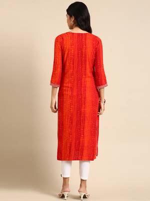 women's calf length round neck orange abstract straight kurta 5