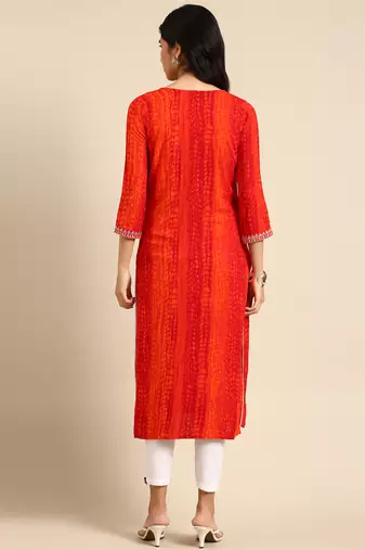 women's calf length round neck orange abstract straight kurta