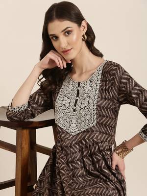 women's ankle length round neck taupe abstract anarkali kurta 2