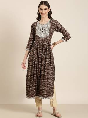 women's ankle length round neck taupe abstract anarkali kurta 1