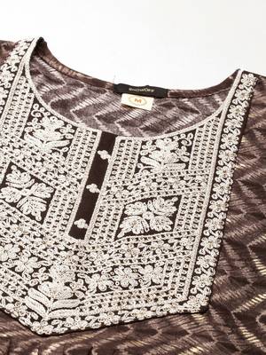 women's ankle length round neck taupe abstract anarkali kurta 3