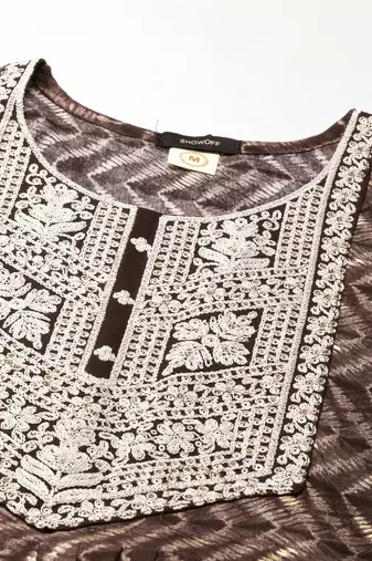 women's ankle length round neck taupe abstract anarkali kurta