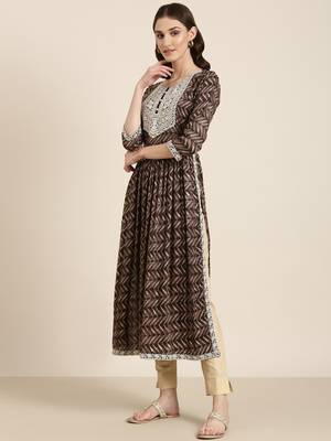 women's ankle length round neck taupe abstract anarkali kurta 5