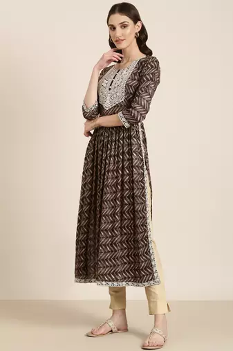 women's ankle length round neck taupe abstract anarkali kurta
