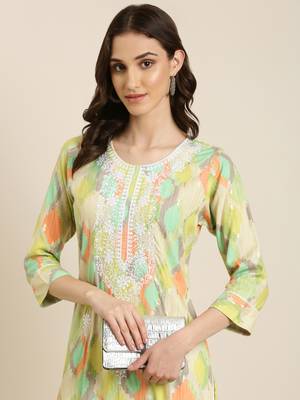 Showoff women's calf length round neck multi abstract straight kurta 2