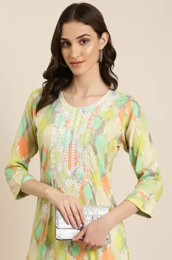 Showoff women's calf length round neck multi abstract straight kurta