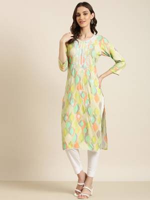 Showoff women's calf length round neck multi abstract straight kurta 1