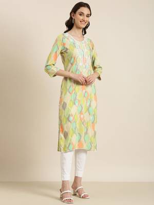 Showoff women's calf length round neck multi abstract straight kurta 5