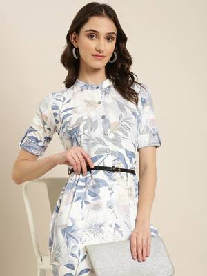 women's knee length mandarin collar white floral a-line kurta 2