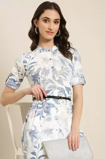 women's knee length mandarin collar white floral a-line kurta