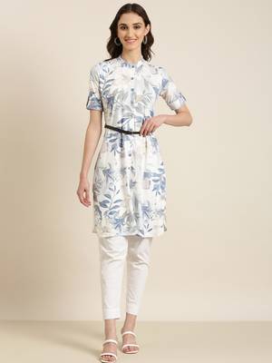 women's knee length mandarin collar white floral a-line kurta 1