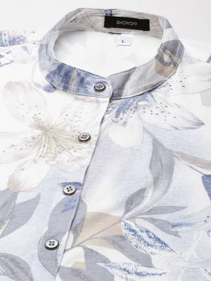women's knee length mandarin collar white floral a-line kurta 3