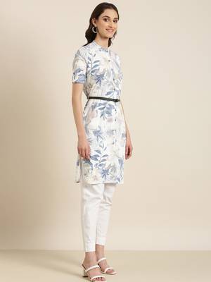 women's knee length mandarin collar white floral a-line kurta 5