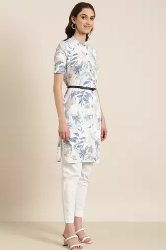 women's knee length mandarin collar white floral a-line kurta