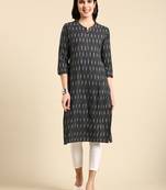 women's calf length round neck grey striped straight kurta