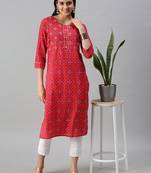 Showoff women's calf length round neck pink bandhani straight kurta