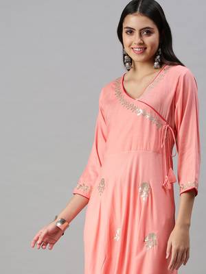 Showoff women's ankle length v-neck pink floral anarkali kurta 2