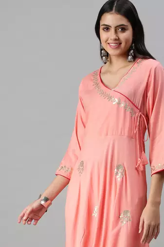 Showoff women's ankle length v-neck pink floral anarkali kurta