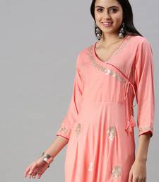 Showoff women's ankle length v-neck pink floral anarkali kurta