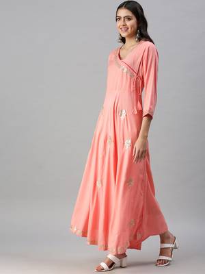 Showoff women's ankle length v-neck pink floral anarkali kurta 3