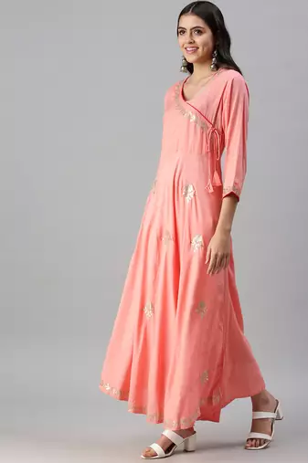 Showoff women's ankle length v-neck pink floral anarkali kurta